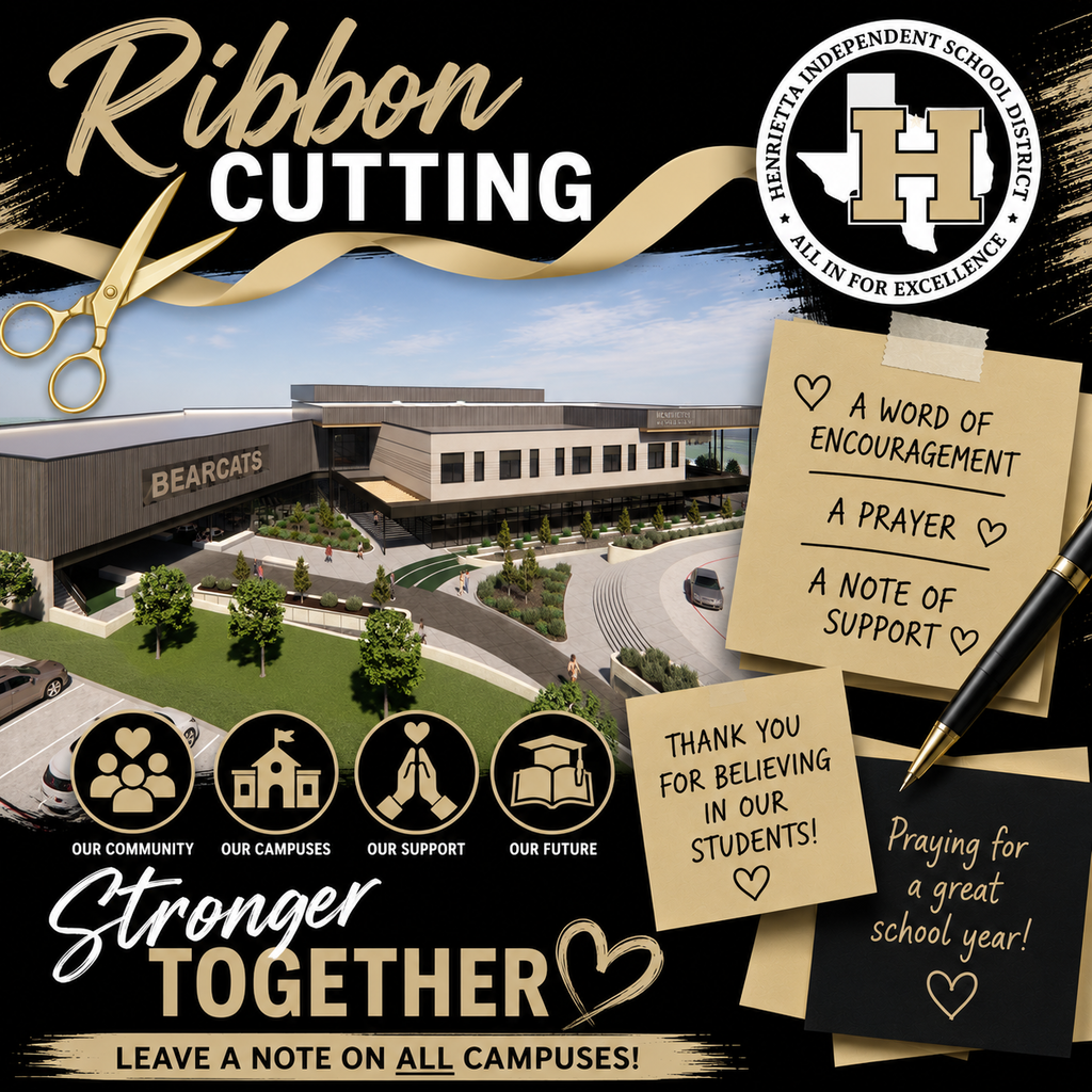A poster for an event with a ribbon cutting, a school building, and notes of encouragement, support, and prayer.