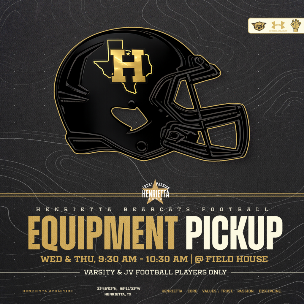 HENRIETTA FB | EQUIPMENT PICKUP 🏈  JV & Varsity Bearcats, equipment pickup starts TOMORROW!  📅 Wednesday & Thursday ⏰ 9:30–10:30 AM 📍 Field House  Be there. Get your gear. Football is here.  #TPD | #UA 