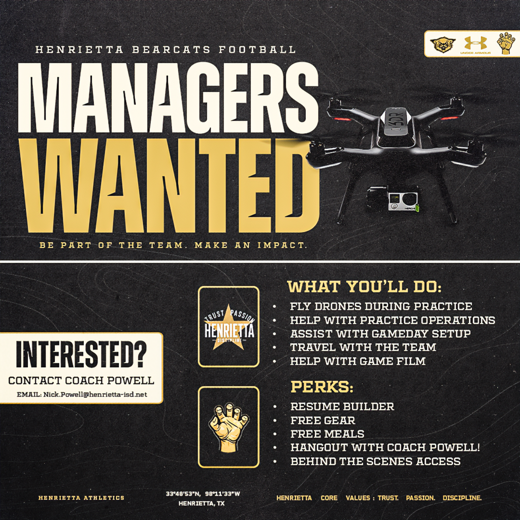 Want to be part of Bearcat Football? 🎥🏈 We’re looking for a few students to join us as Football Managers this season! Fly drones. Travel with the team. Get gear. Eat free. Get behind-the-scenes access. And most importantly… you GET to hang out with Coach Powell! If that doesn’t sell you, we’re out of ideas. Interested? Get with Coach Powell! #TPD | UA