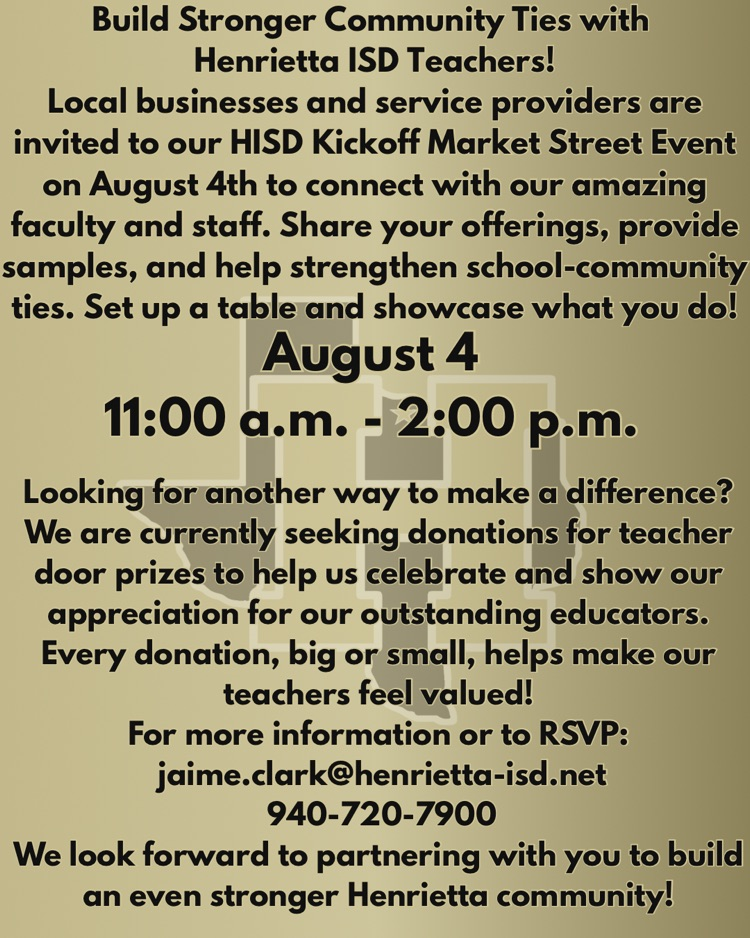 Invitation for local businesses to join HISD Kickoff Market Street Event on August 4, 11:00 a.m. to 2:00 p.m.