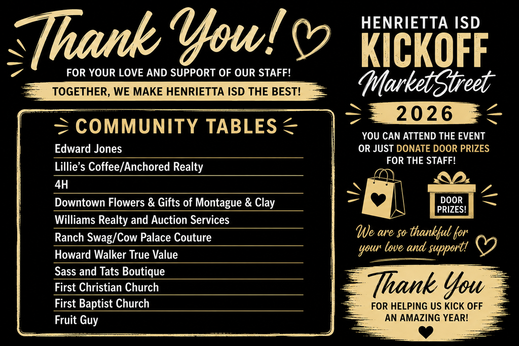 Black and gold flyer with "Thank You!" in gold and white at the top. Below, a list of community tables and sponsors.