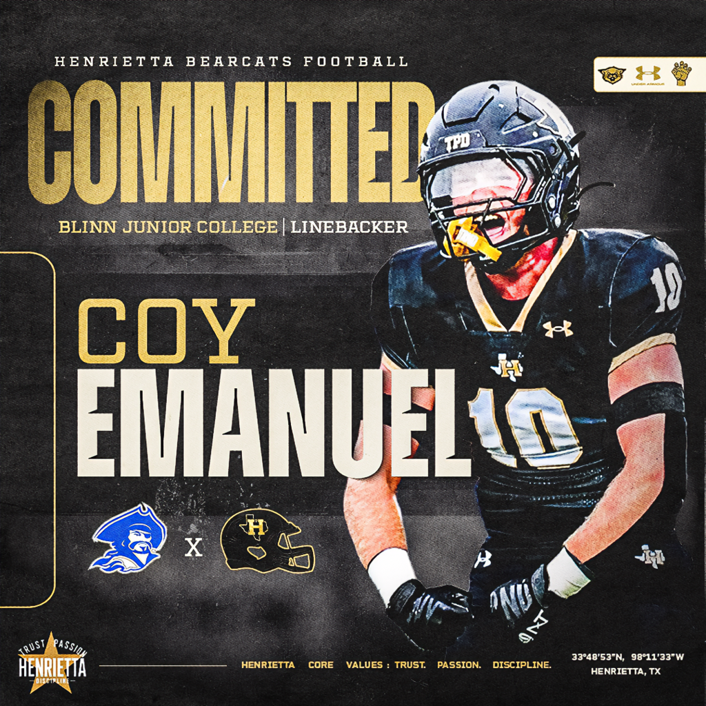A little late, but a commitment like this deserves to be recognized! Congratulations to Coy Emanuel on the opportunity to continue his football career at Blinn Junior College. Coy embodied what it means to wear the black and gold, with toughness, leadership, and a relentless mindset every time he stepped on the field. We can't wait to watch him continue to grow as a linebacker and student at the next level. Once a Bearcat, always a Bearcat. We're proud of you, Coy. Go make Henrietta proud! #TPD