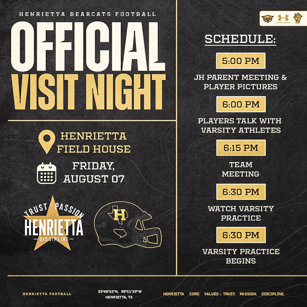 🏈 Attention All Junior High Football Parents! We invite you to join us for our Official Visit Night on Friday, August 7 at the Henrietta Field House/Bearcat Stadium. This is a great opportunity to meet our coaching staff, hear about our football program, and watch our Varsity Bearcats practice. We look forward to welcoming you to the Bearcat Football family. 🕔 5:00 PM | Henrietta Field House/Bearcat Stadium. #TPD