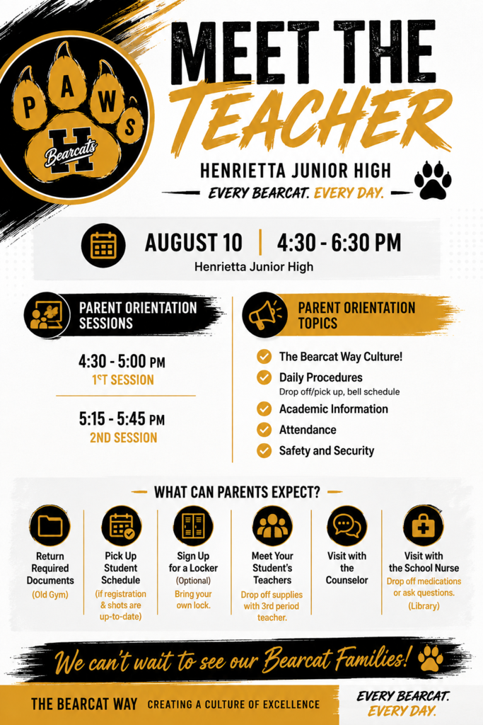 Poster with the title "Meet the Teacher" for Henrietta Junior High. Date, time, and topics are listed.