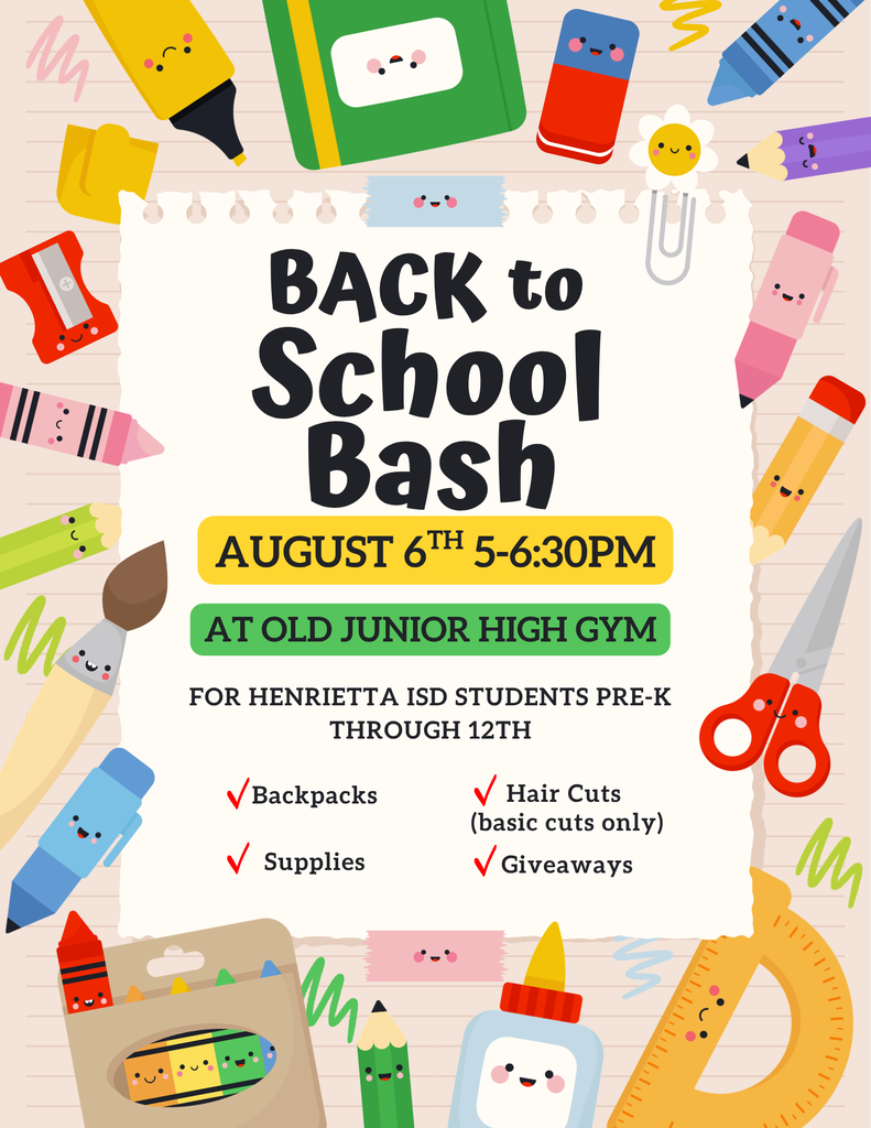 Back to school event poster. Event details and school supplies icons. Event on August 6th.