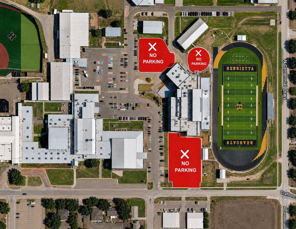 Map with a football field. Three areas marked "No Parking" with red circles. One area marked "Parking".