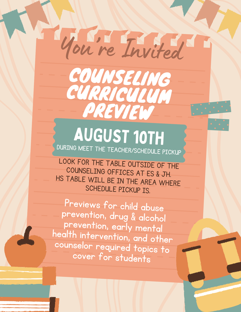 A colorful flyer with "You're Invited" at the top. Below, "Counseling Curriculum Preview" is written. Date: August 10th. A pumpkin, books, and a backpack are on the bottom.