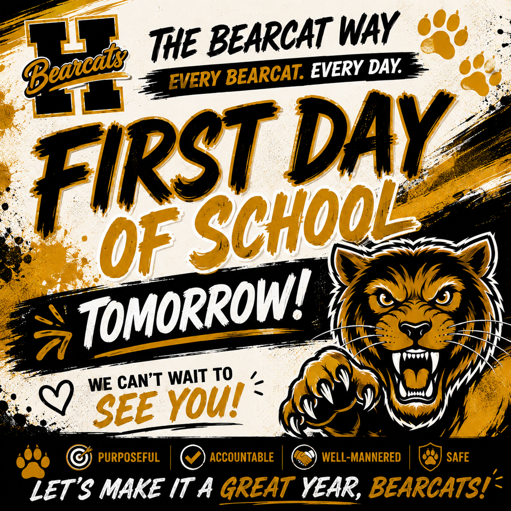 An advertisement poster features a cat paw print, text, and a roaring cat. The text reads: First day of School