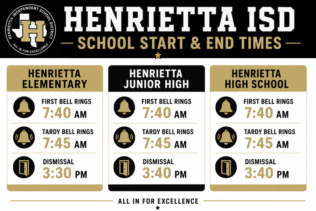 Text on a black background displays school times for Henrietta ISD. It includes start times, dismissal times, and tardy bell rings.