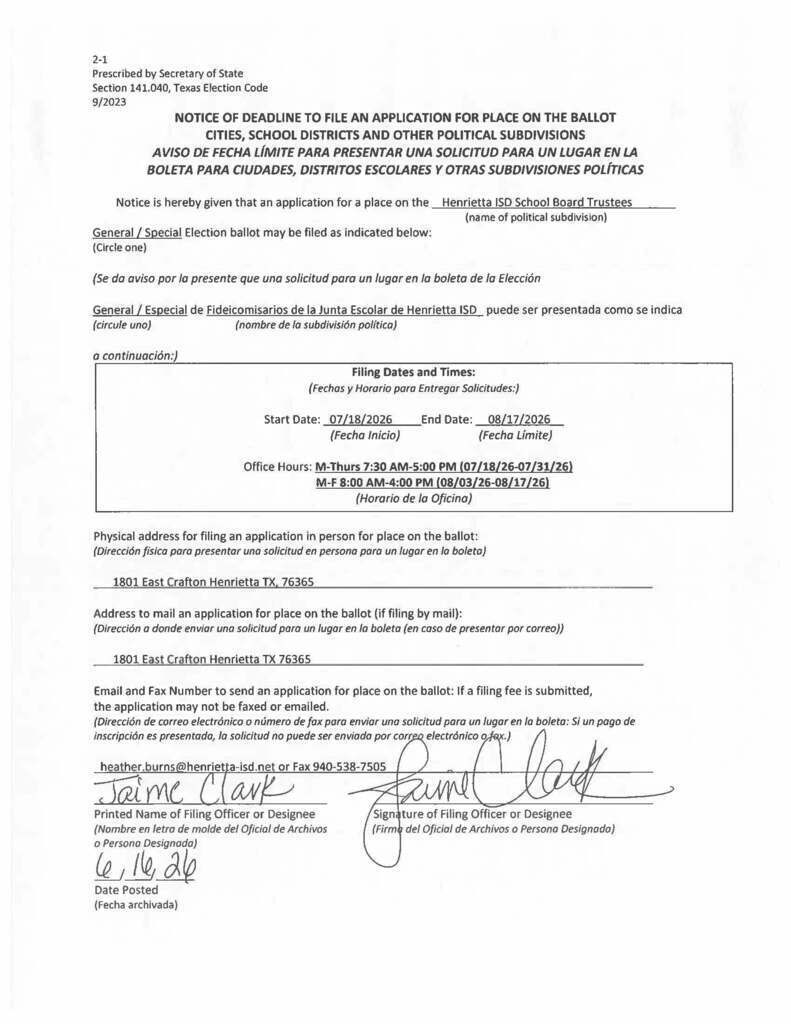 A legal document with black text on a white background. It is titled "Notice of Measure to File an Application for Places on the Ballot" and contains signatures and printed text.