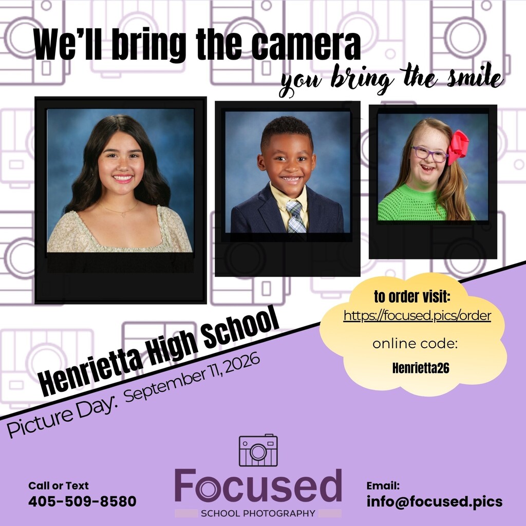 An event flyer for Henrietta High School's Picture Day on September 1, 2026. Three children in school uniforms are shown with instructions to order pictures.