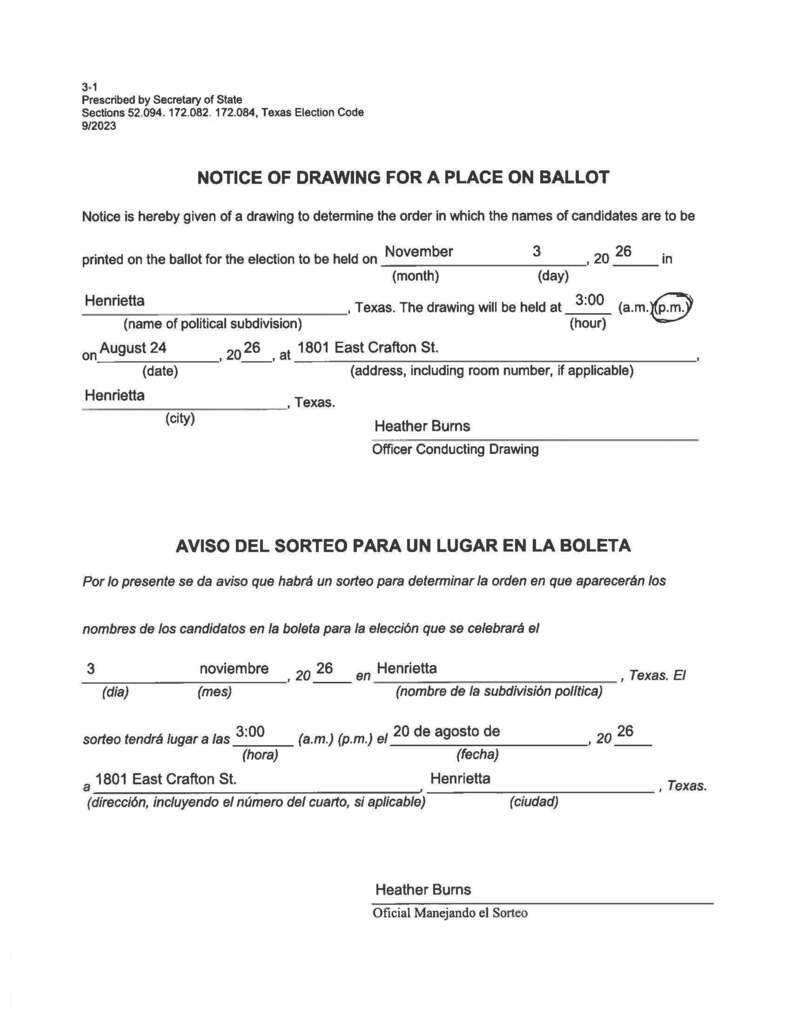 A bilingual document has text in English and Spanish. It is a notice for drawing for a place on the ballot.