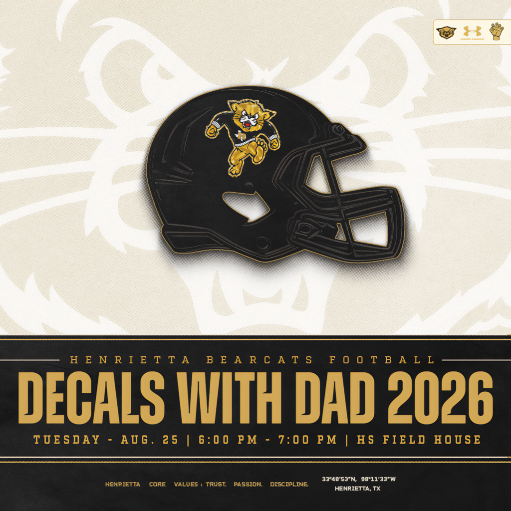DECALS WITH DAD 🐾🏈  Calling all Varsity Bearcat Football families! Join us Tuesday evening and be part of a special tradition as our players put the decals on their helmets for the 2026 season.  Players are encouraged to bring Dad, Grandpa, an uncle, guardian, mentor, or another important person in their life to share the moment with them.  📅 Tuesday, August 25 ⏰ 6:00–7:00 PM 📍 HS Field House  More than decals. It’s about the people behind the player.   #TPD | #HenriettaFootball
