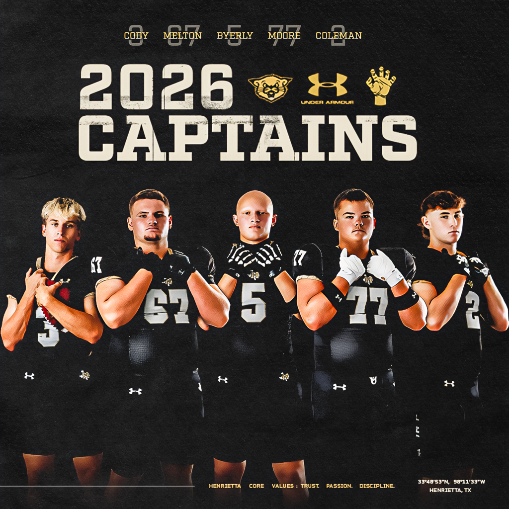 SET THE TONE. SET THE STANDARD.  2026 Henrietta Football Captains.  Cody • Melton • Byerly • Moore • Coleman  #TPD | #HenriettaFB