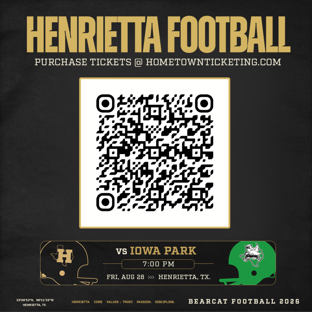 🎟️ BEARCAT FOOTBALL TICKETS  Friday Night Football is back at Bearcat Stadium! 🐾🏈  Henrietta vs. Iowa Park 📅 Friday, August 28 ⏰ 7:00 PM 📍 Bearcat Stadium  🎟️ Purchase tickets online now: Purchase Tickets Here  AT THE GATE: Cash or card only.  ONLINE TICKET POLICY: All sales are final. No refunds or exchanges.  Pack the stands. Bring the energy. See you Friday night! 🗣️  #TPD | #BearcatFootball