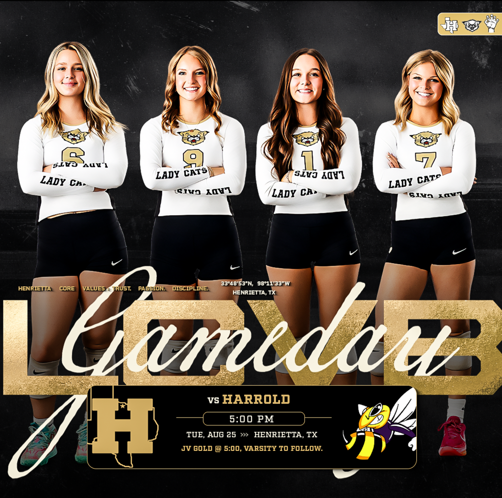 LCVB GAMEDAY. 🐾🏐  Home court. Handle business.  🆚 Harrold ⏰ JV Gold @ 5:00 PM | Varsity to follow 📍 Henrietta, TX  LET’S GO LADYCATS! 🖤💛  #LCVB | #TPD