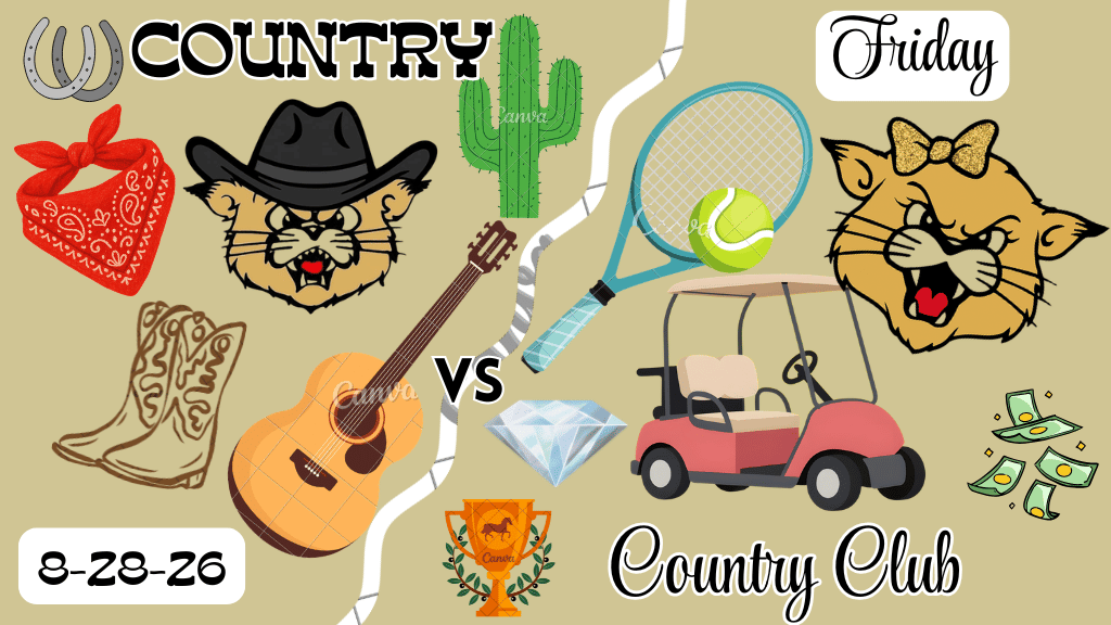 A collage with "Country" text, cowboy hat, cactus, guitar, tennis ball, cat, golf cart, diamond, and "Friday" text.