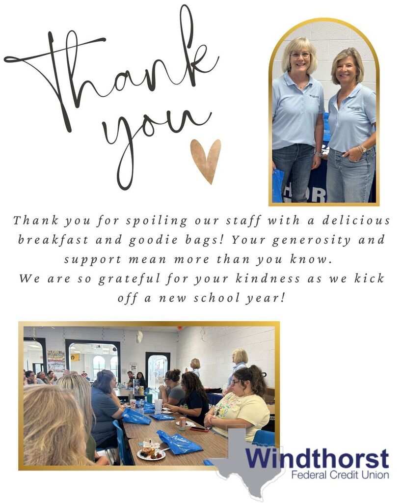 Thank you for a breakfast and goodie bags. Two women and several people are sitting at a table.