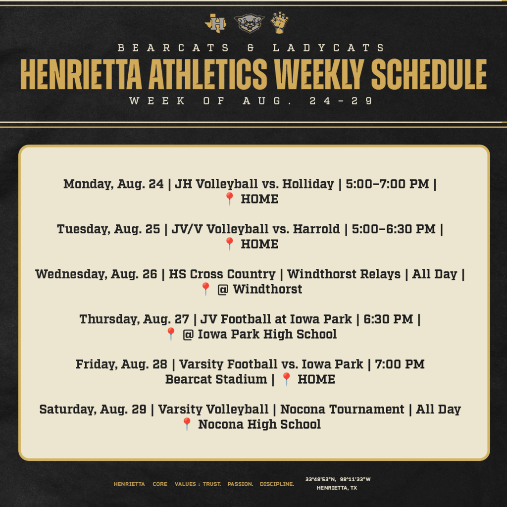 Another full week of Henrietta Athletics!   Come support our Bearcats and Ladycats as volleyball, cross country, and football compete throughout the week.  IMPORTANT: JV Football is at 6:30 PM instead of 5:00 this week.   📅 Aug. 24–29 📍 Home and away events—see the schedule for details.  #HenriettaAthletic | #TPD