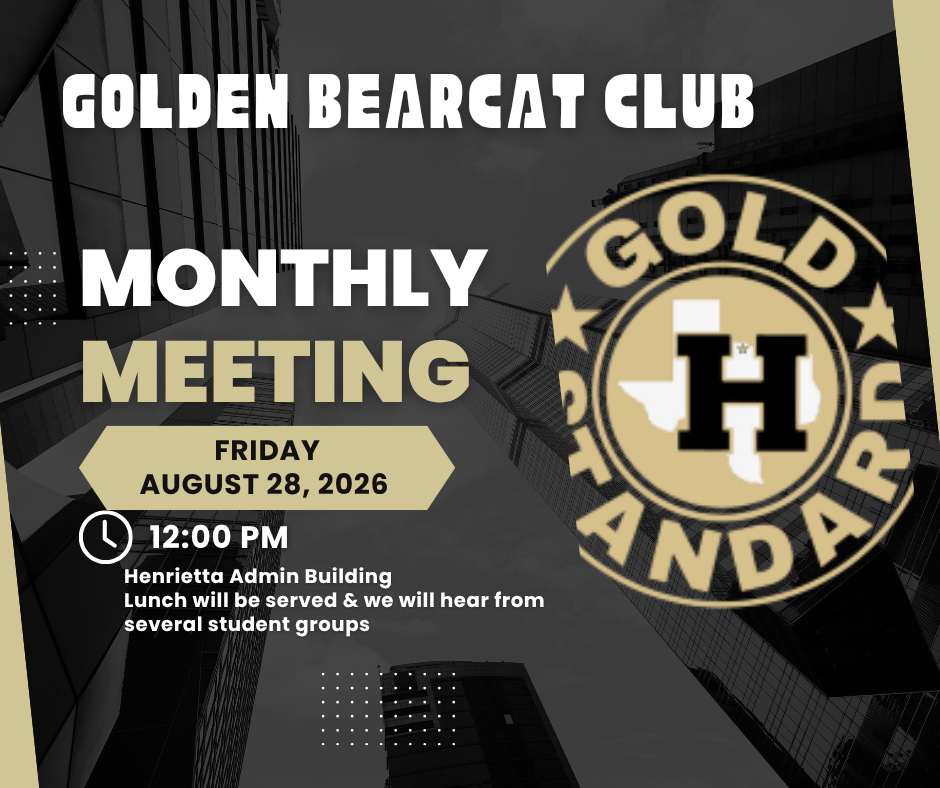 Black and gold poster for a Golden Bearcat Club meeting. Date is August 28, 2026. Time is 12:00 PM.