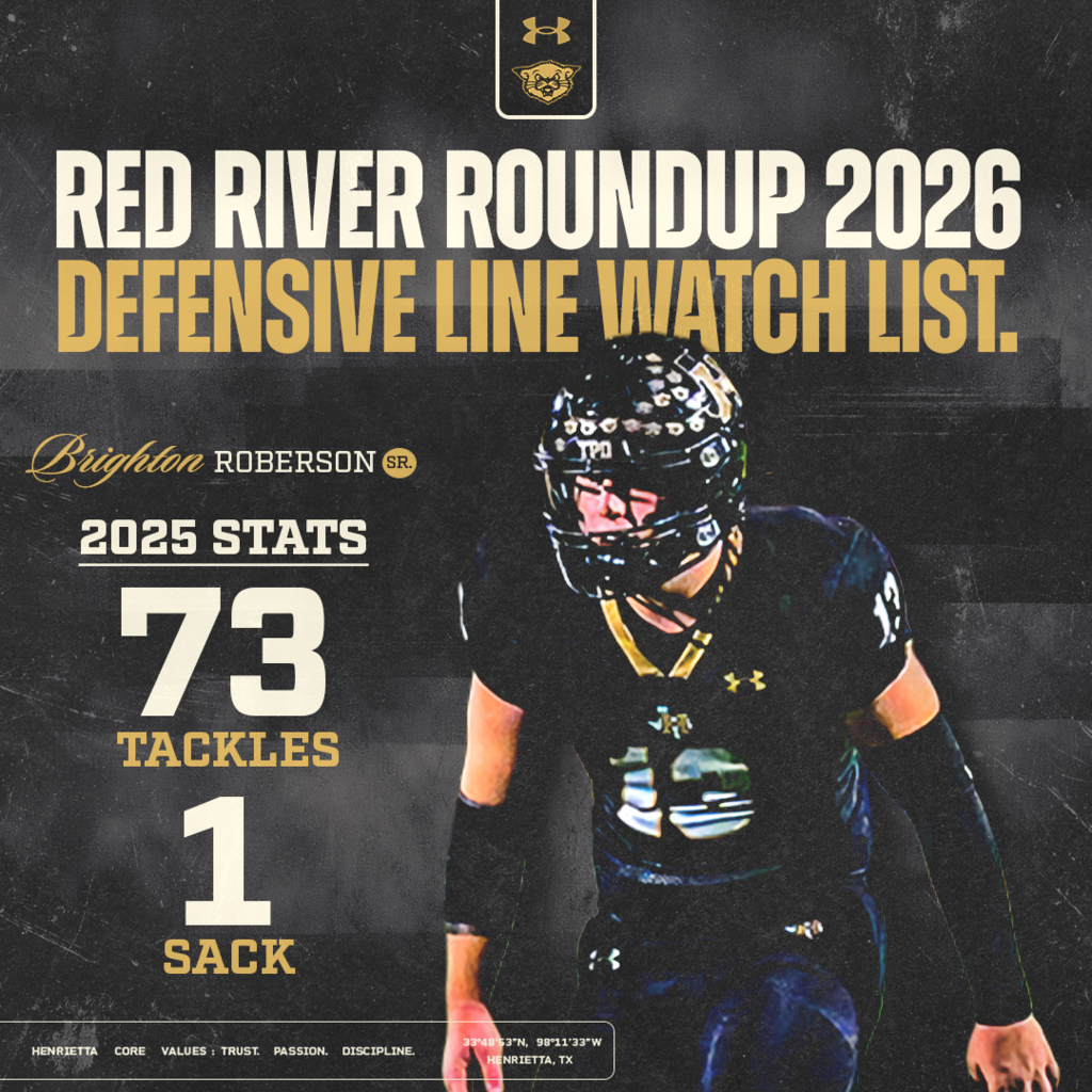  PUT HIM ON THE LIST.  Brighton Roberson earns a spot on the Red River Roundup 2026 Defensive Line Watch List.  Coming off a 73-tackle and 1 Sack season, Brighton is ready to get back to work and make some noise in 2026.  Earned, not given. Now go prove it. 💪  #TPD | #HenriettaFB