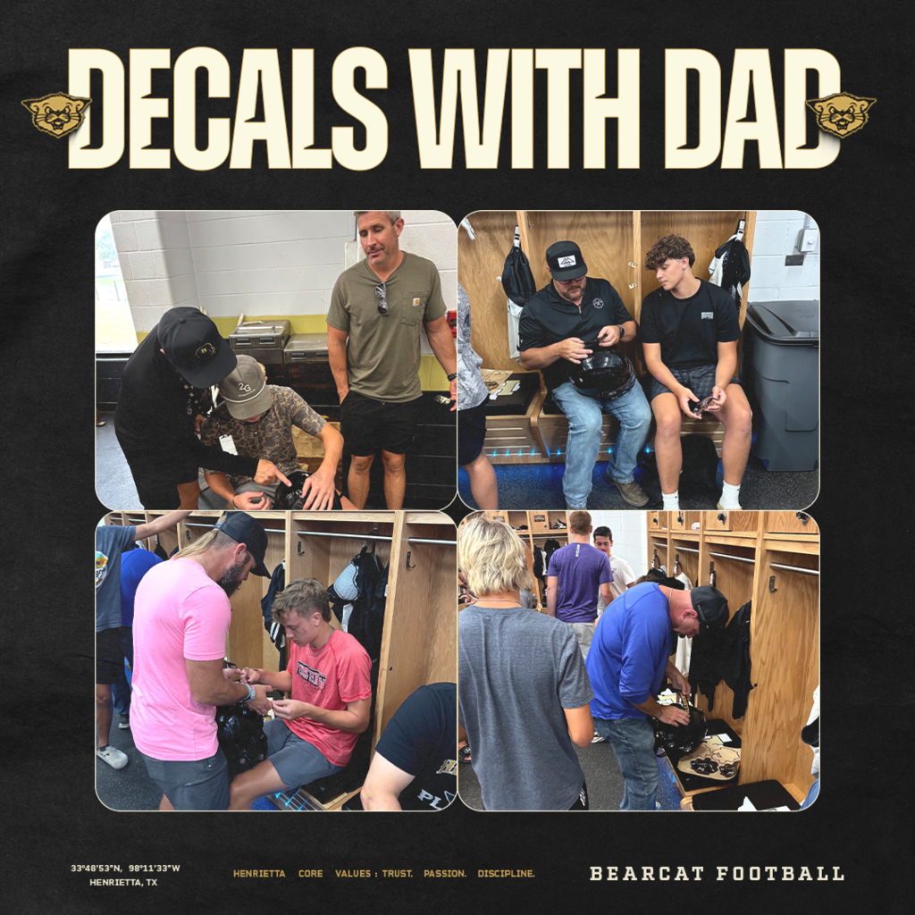 DECALS WITH DAD 🏈  More than putting decals on helmets. It’s about who’s beside you while you do it.  Thank you to everyone who showed up tonight for our Bearcats. Whether you go by Dad, Stepdad, Grandpa, Coach, Mentor, or simply someone important in their life.  These are the moments that make Friday nights mean a little more.  Helmets ready. Memories made. Now it’s time to play ball.    #TPD | #HenriettaFB