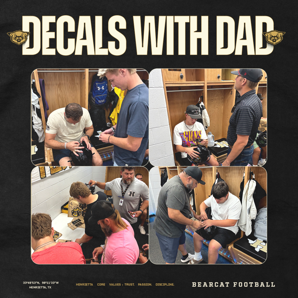 DECALS WITH DAD 🏈  More than putting decals on helmets. It’s about who’s beside you while you do it.  Thank you to everyone who showed up tonight for our Bearcats. Whether you go by Dad, Stepdad, Grandpa, Coach, Mentor, or simply someone important in their life.  These are the moments that make Friday nights mean a little more.  Helmets ready. Memories made. Now it’s time to play ball.    #TPD | #HenriettaFB