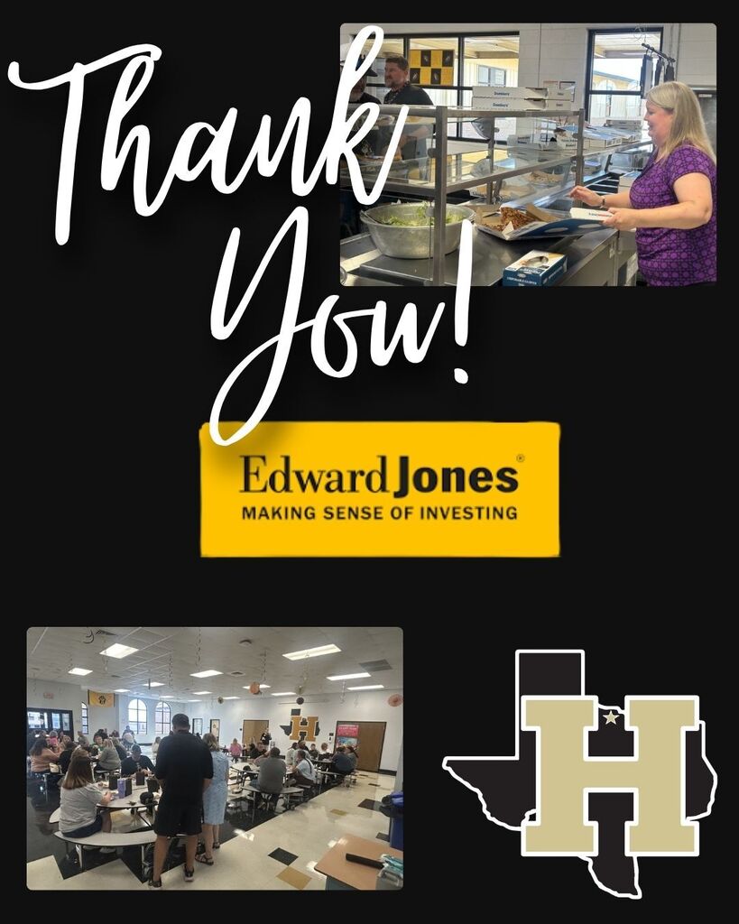 A black background features three images: a woman serving food, a logo for Edward Jones, and a group of people sitting at tables.