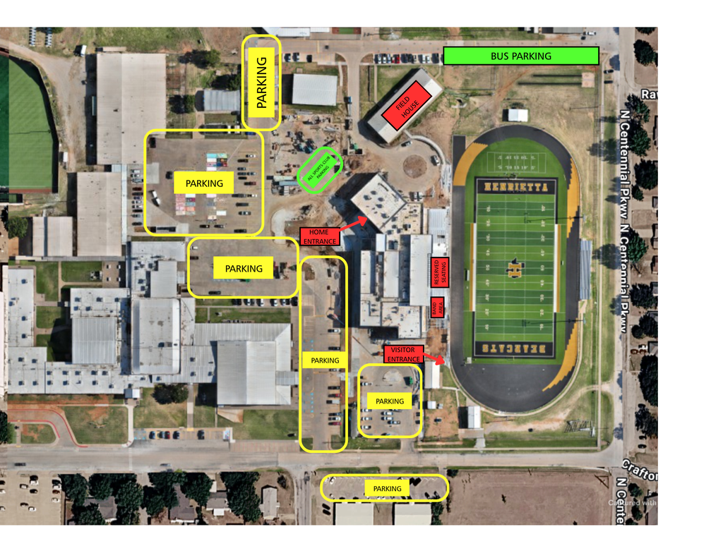 A top view of a school campus, highlighting parking areas, bus stops, and a football field. Buildings and pathways are labeled.