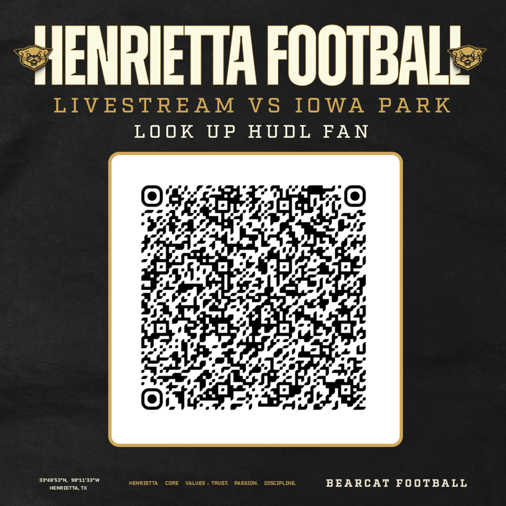 Can’t make it to Bearcat Stadium tonight? Watch the Bearcats take on Iowa Park live at 7:00 PM! 🎥🏈  📺 Livestream Options:  • Texoma Broadcasting on Facebook, LINK: https://tinyurl.com/mr5bf5m2  • Hudl Fan, LINK: https://tinyurl.com/4mz7uuxe • Or Scan the QR code on the graphic for Hudl Fan  #TPD | #HenriettaFB