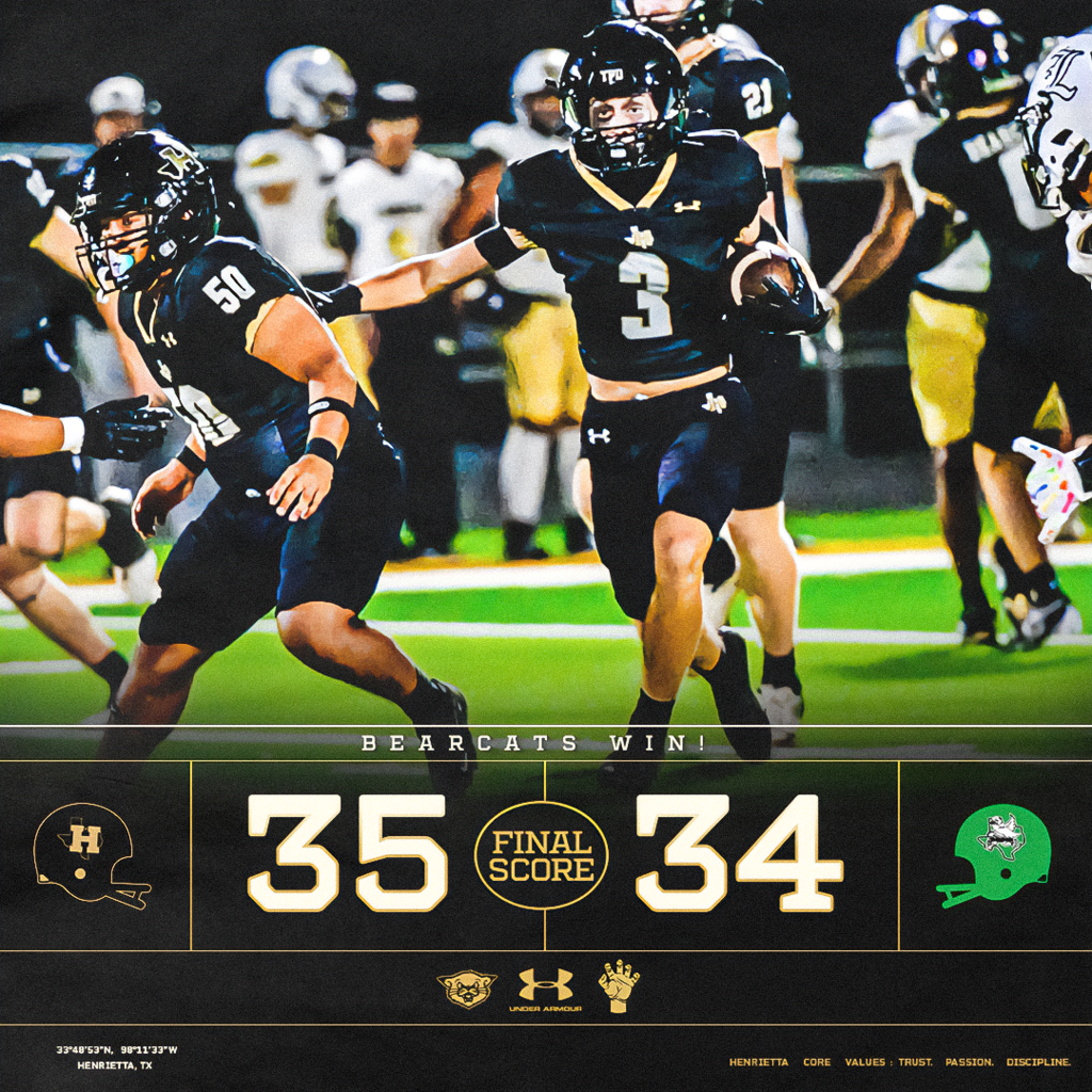 HENRIETTA FB | BEARCATS WIN! 🔥 Down but never out. A scrappy, gritty comeback from the Bearcats to take down Iowa Park, 35-34! Found a way when it mattered most. That’s Bearcat Football. 1-0. ✅ Trust. Passion. Discipline. #TPD