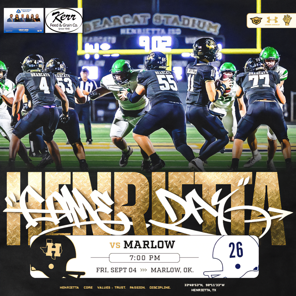 WEEK 2. ROAD TRIP. 🏈  The Bearcats are headed north of the Red River for a Friday night matchup with Marlow!  📍 Marlow, Oklahoma ⏰ 7:00 PM 📅 Friday, September 4  Different state. Same standard.  #TPD | #HenriettaFB
