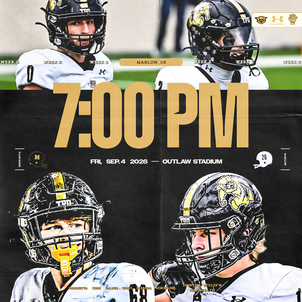 WEEK 2. BUSINESS TRIP. The Bearcats are headed across the Red River Friday night. 📍 Marlow, OK | Outlaw Stadium ⏰ 7:00 PM 📅 Friday, September 4 Pack the stands. Bring the energy. Represent Henrietta. Trust. Passion. Discipline. #TPD | #HenriettaFB