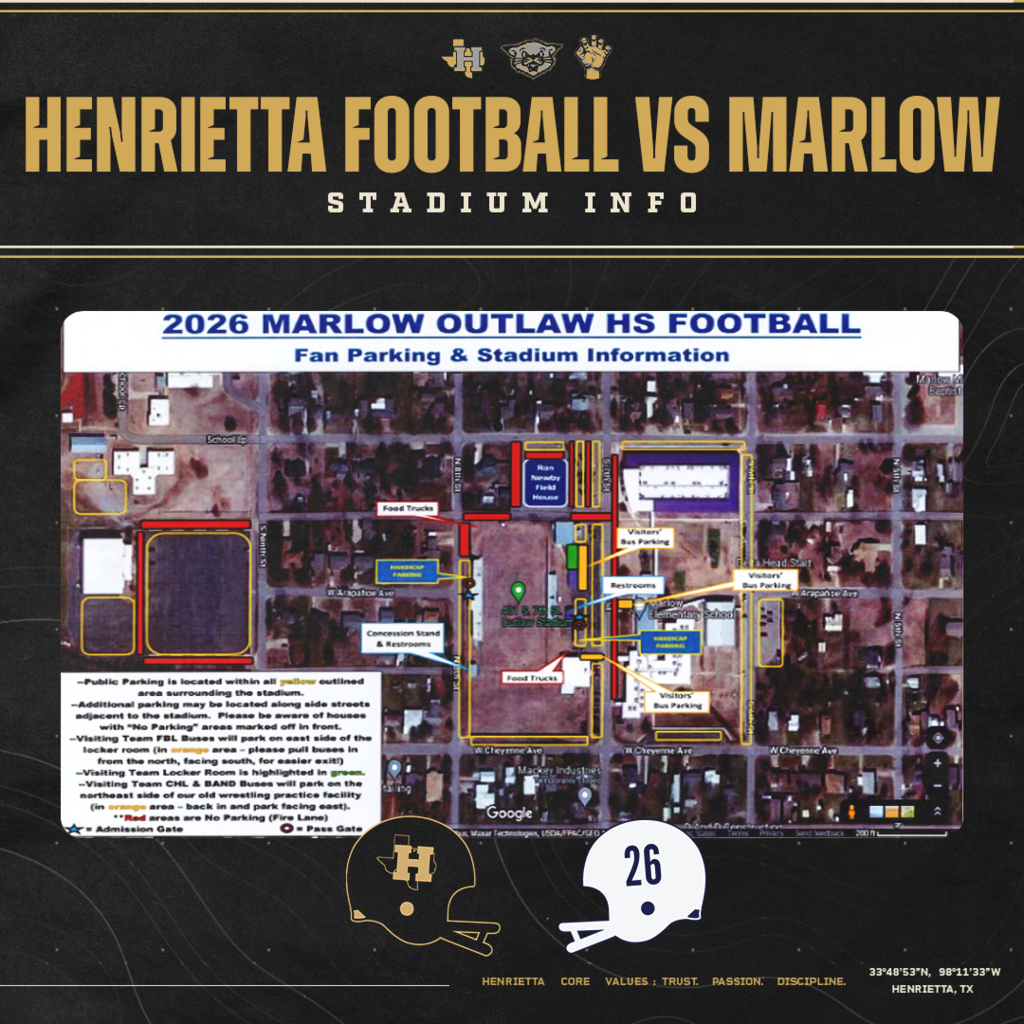 BEARCAT NATION — KNOW BEFORE YOU GO! 🏈 We’re headed north to Marlow, Oklahoma for Week 2! Before making the trip, check out the information above for parking, visitor seating, admission, concessions, stadium guidelines and more. 🎟️ $5 Admission — Cash Only at the Gate 🚪 Gates Open — 5:30 PM 📍 Visitor Parking — East Side / Terry Brown Ave. 🏈 Kickoff — 7:00 PM Safe travels to everyone making the trip. See you in Marlow! #TPD | #HenriettaFB