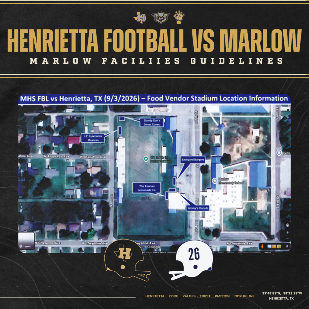 BEARCAT NATION — KNOW BEFORE YOU GO! 🏈 We’re headed north to Marlow, Oklahoma for Week 2! Before making the trip, check out the information above for parking, visitor seating, admission, concessions, stadium guidelines and more. 🎟️ $5 Admission — Cash Only at the Gate 🚪 Gates Open — 5:30 PM 📍 Visitor Parking — East Side / Terry Brown Ave. 🏈 Kickoff — 7:00 PM Safe travels to everyone making the trip. See you in Marlow! #TPD | #HenriettaFB