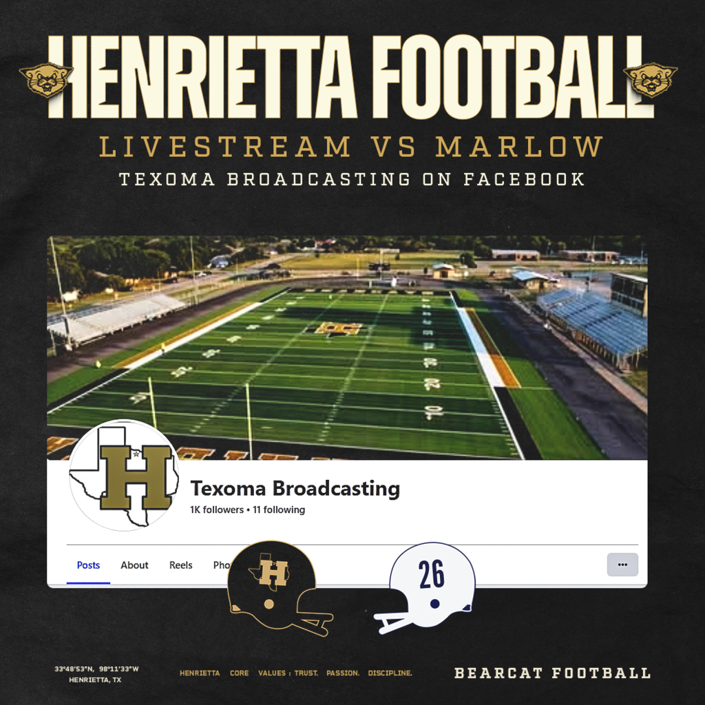 📺 CAN’T MAKE THE TRIP? TUNE IN!  Tonight’s matchup between the Henrietta Bearcats and Marlow Outlaws will be livestreamed by Texoma Broadcasting!  🏈 Henrietta vs. Marlow ⏰ 7:00 PM 📍 Marlow, Oklahoma 📺 Watch live on Texoma Broadcasting  WATCH LIVE — Texoma Broadcasting on Facebook  #TPD | #HenriettaFB