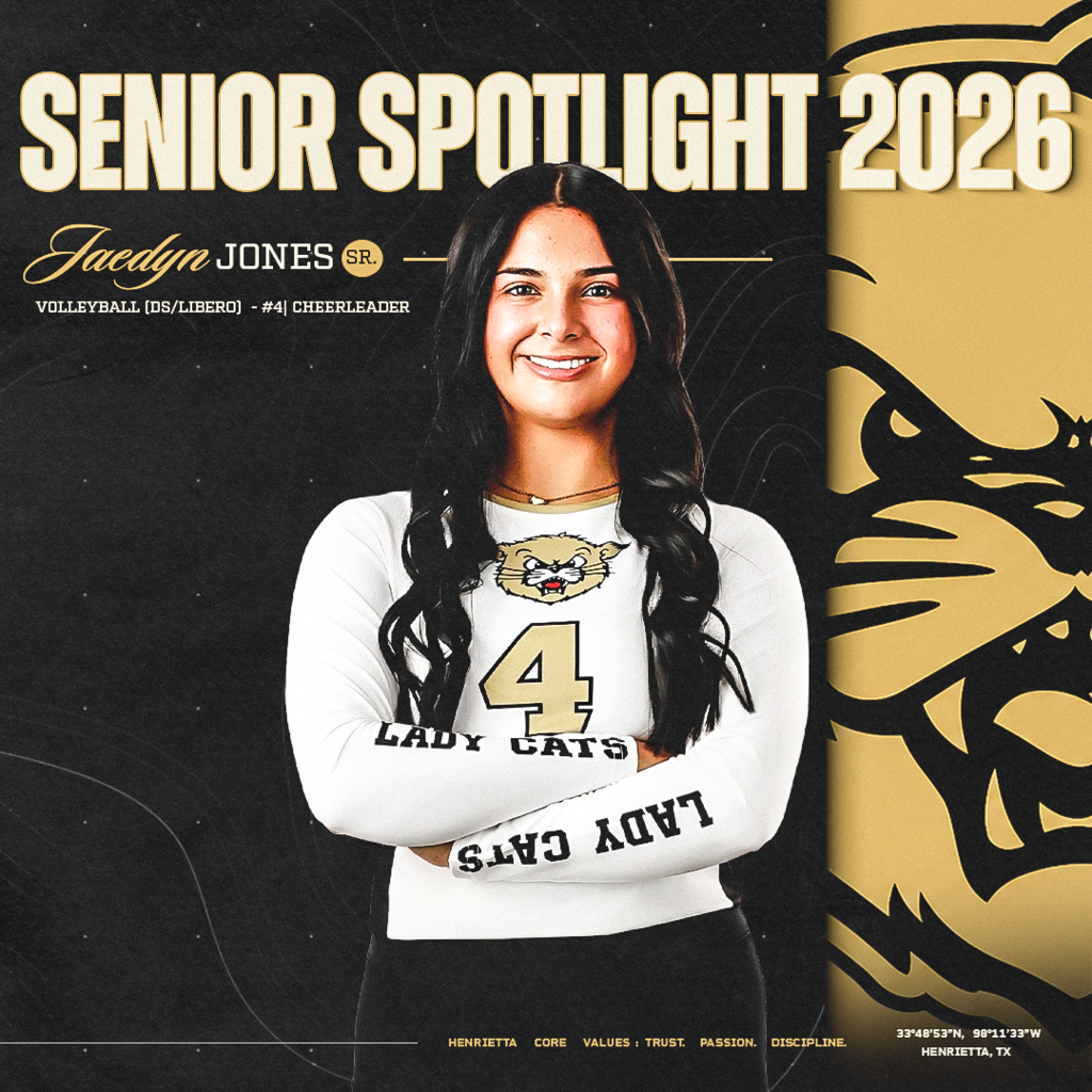 🐾 LADYCAT SENIOR SPOTLIGHT | JAEDYN JONES  Kicking off our 2026 Ladycat Senior Spotlight Series with #4, Jaedyn Jones!  Jaedyn represents Henrietta through leadership, consistency, faith, and setting a standard for those around her. Hear from Jaedyn about the coaches, teammates, and family who have impacted her, the lessons she’s learned, and what Trust. Passion. Discipline. means to her.  And it’s GAMEDAY for Jaedyn and the Lady Cats! 🏐 🆚 Legacy ⏰ 4:30 PM 📍 Wichita Falls, TX  Go compete, #4! Go Lady Cats!  #TPD | #LCVB