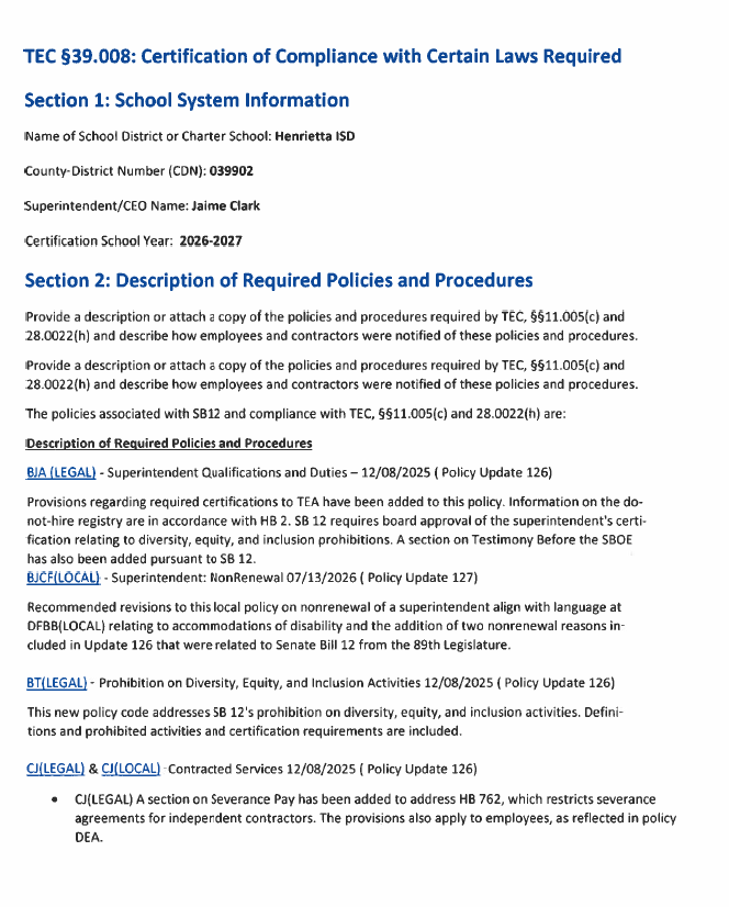 Document with sections on school system information and policies/procedures. Text includes details on policies, procedures, and compliance.