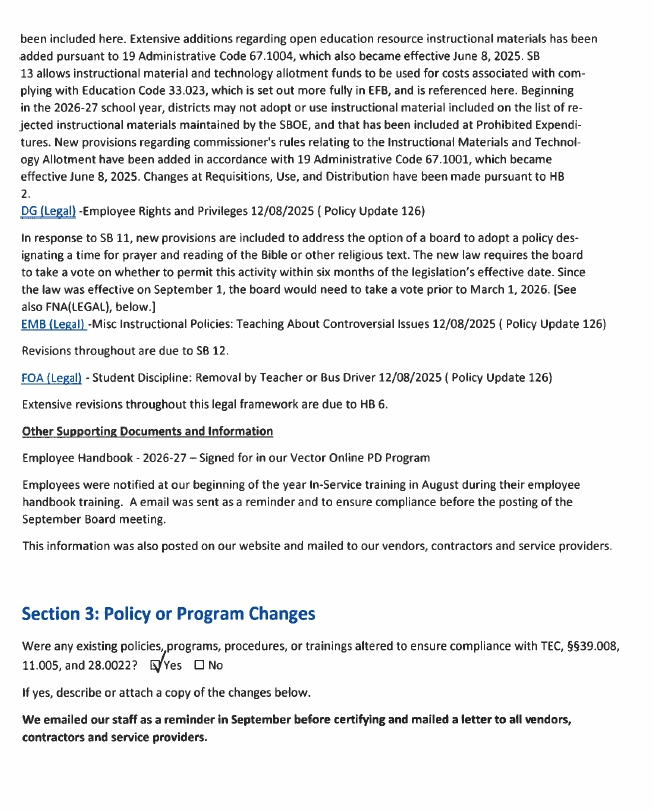 A document with a heading titled "Policy, Programs, Procedures, Trainings". Sections include "Policy Changes", "Other Supporting Documents and Information", and "Employee Handbook".