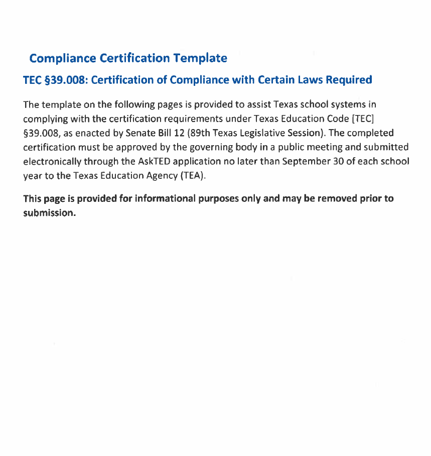 A document titled "Compliance Certification Template" with sections for "TEC $39.008" and "Certification of Compliance with Certain Laws Required."