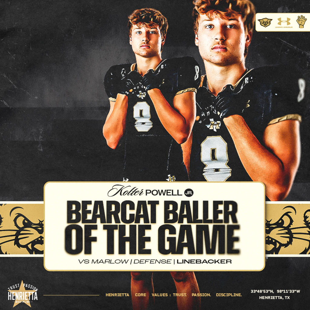 🏈 DEFENSE | KOLTER POWELL - BEARCAT BALLER OF THE GAME Junior LB, Kolter Powell earns our defensive recognition after a strong effort against Marlow. Kolter continued to play physical, pursue the football, and compete until the final whistle. Keep stacking days, #8. Back to work. #TPD | #HenriettaFB