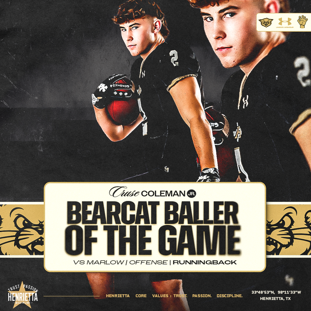 🏈 OFFENSE | CRUSE COLEMAN - BEARCAT BALLER OF THE GAME Junior RB Cruse Coleman stood out for the Bearcats Friday night in Marlow. Regardless of the scoreboard, Cruse continued to compete, run hard, and battle for his teammates from start to finish. Keep working, #2. There’s a lot of football ahead. #TPD | #HenriettaFB