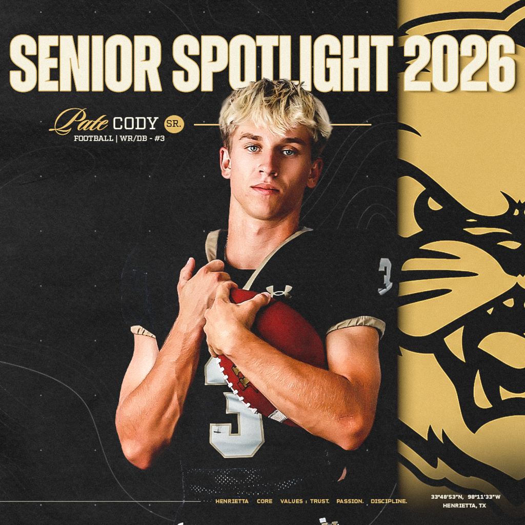 🐾 SENIOR SPOTLIGHT | PATE CODY  Continuing our 2026 Senior Spotlight Series this Sunday with #3, Pate Cody!  Pate talks about the people who have impacted him, the importance of staying composed and confident, and what it means to work for what you want.  For Pate, representing Henrietta means playing the game the right way, staying disciplined, and pushing yourself to be your best every day.  Enjoy the ride, #3. There’s still plenty of football left. 🏈  #TPD | #HenriettaFB