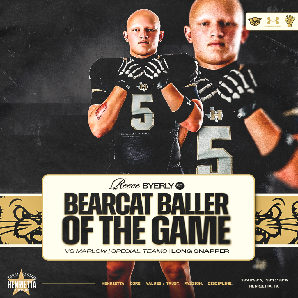 🏈 BEARCAT BALLER OF THE GAME | SPECIAL TEAMS Senior Reece Byerly earns our Special Teams recognition for his work at long snapper against Marlow. A position where consistency matters on every snap. Reece continues to do his job, handle the details, and put his teammates in position to succeed. Great work, #5. Keep stacking days. #TPD | #HenriettaFB