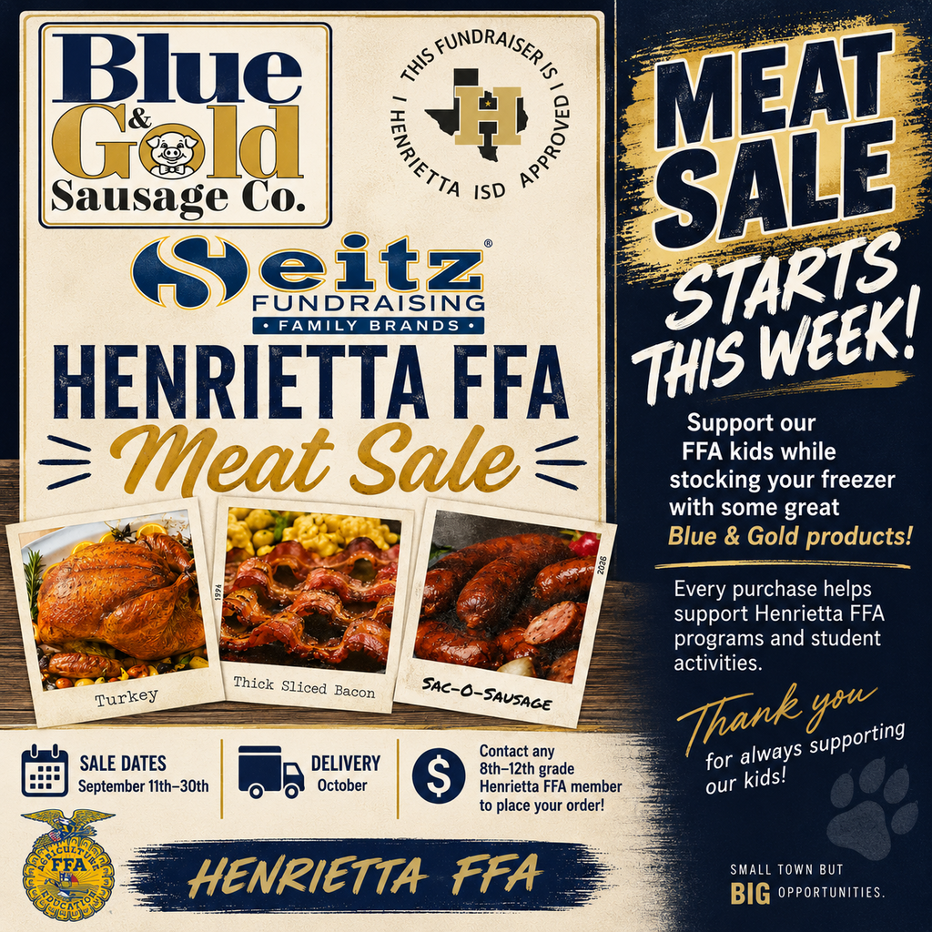 An advertisement poster for a meat sale by Blue & Gold Sausage Co. and Seitz Fundraising. It features a menu with images and details.