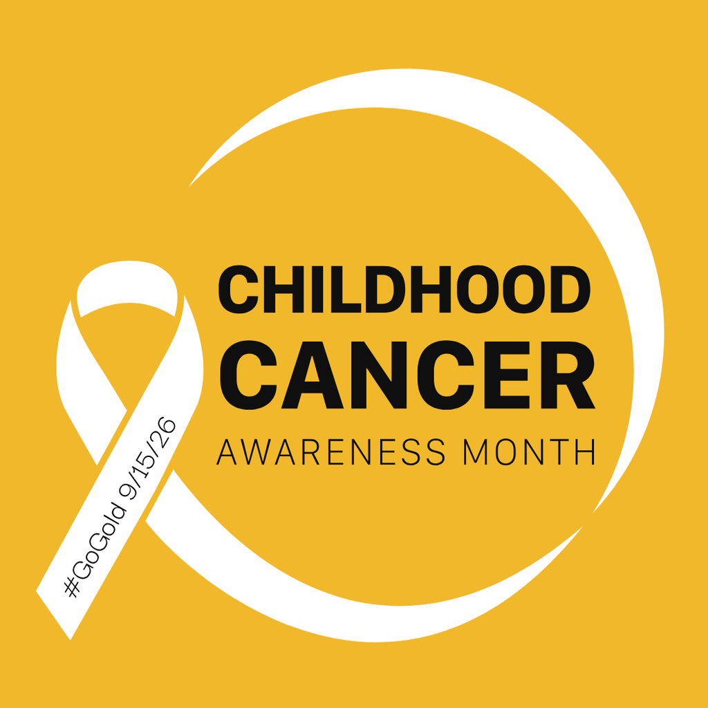 Bright yellow background with white circular logo. White ribbon with "Go Gold 9/15/26" text. Logo reads "CHILDHOOD CANCER AWARENESS MONTH"