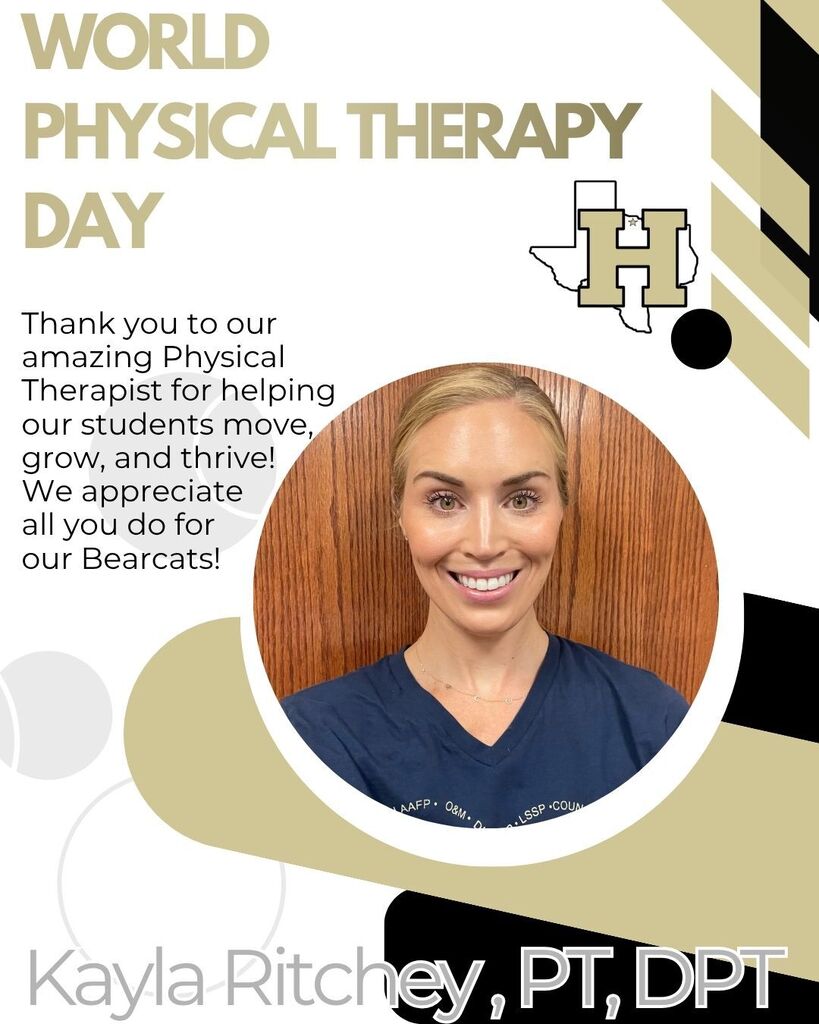 A poster featuring a smiling woman, "Kayla Ritchie, PT, DPT," with a message thanking physical therapists for their contributions.
