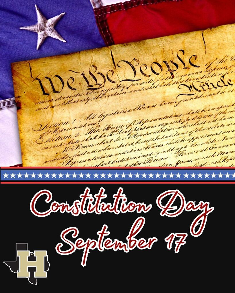 Document with "We the People" text, an American flag in the background, stars, and "Constitution Day September 17" text.
