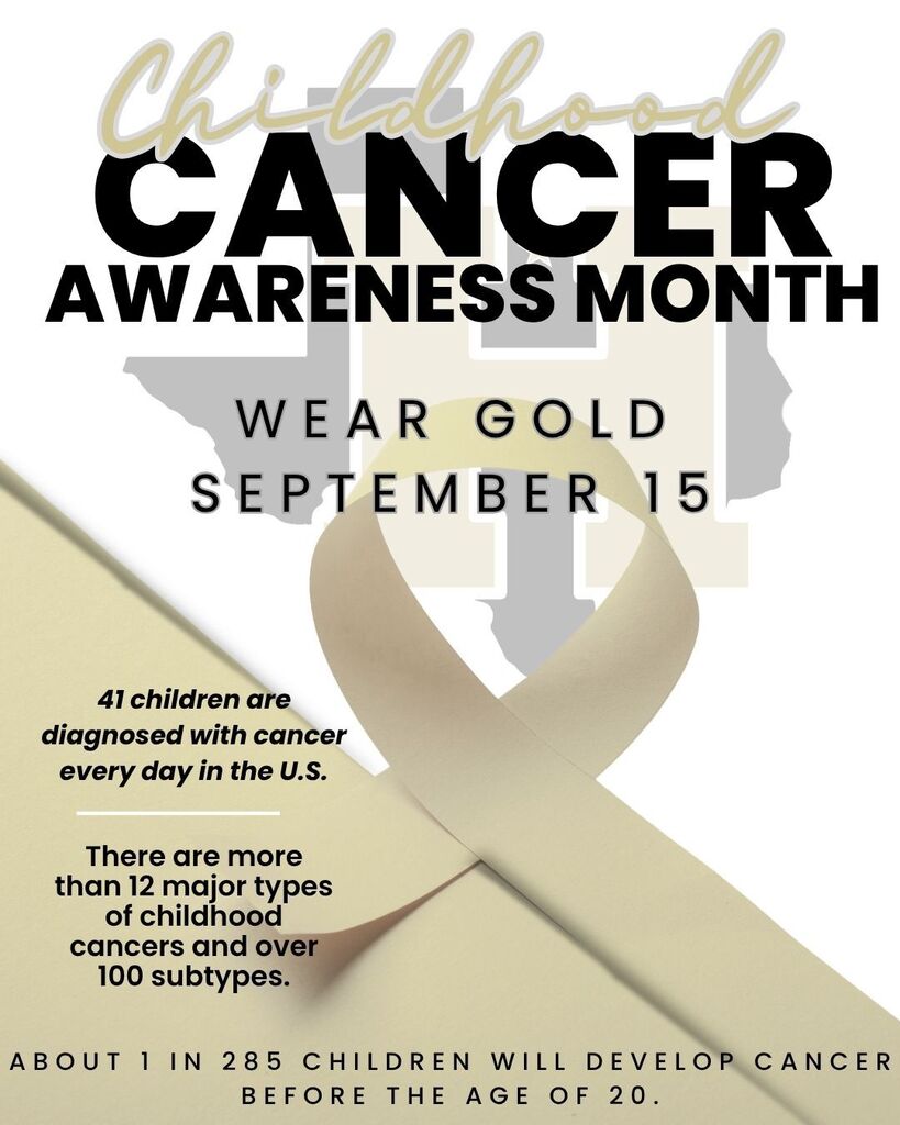 Gold ribbon. Text: Childhood Cancer Awareness Month. Additional information includes number of children diagnosed daily and number of cancer types.