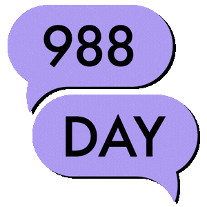 Two purple speech bubbles on a black background. The top bubble says "988" and the bottom bubble says "DAY".